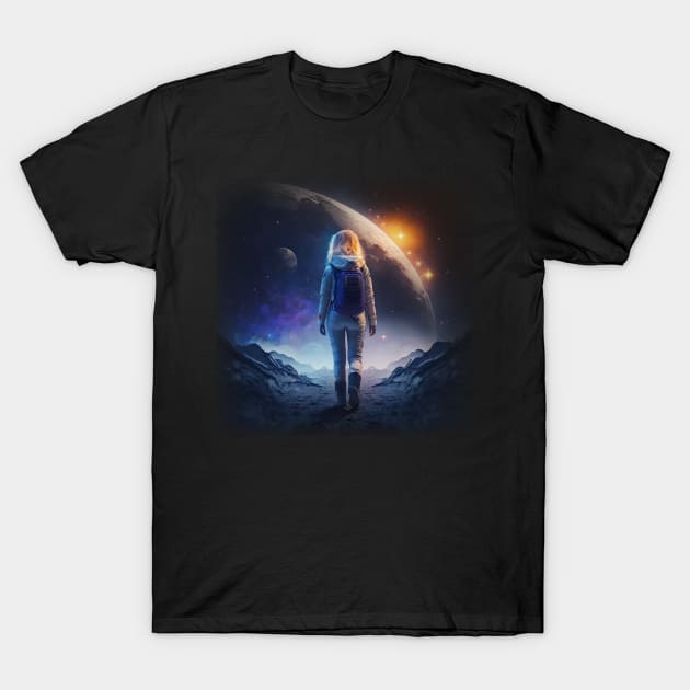 Walking at the moon Blonde girl space galaxy theme T-Shirt by sports_hobbies_apparel